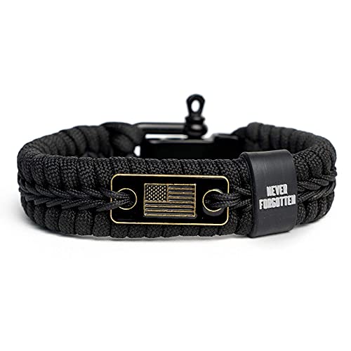 iHeartDogs Hero Company Never Forgotten Paracord Bracelet - Tactical Survival Bracelet for Men with Bronze USA Flag - Helps Pair Military Veterans with a Companion Dog
