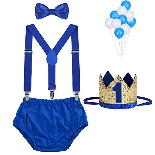 WELROG Baby Boys First Birthday Cake Smash Outfit Bow Tie Suspenders Bloomers Birthday Hat Sparkle Gold Set (Royal Blue)