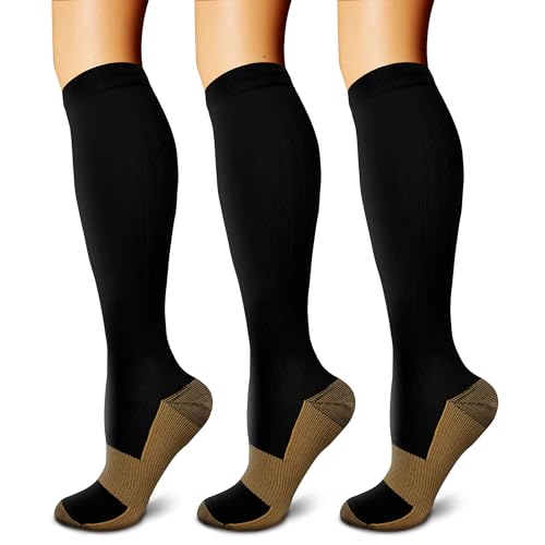 FEYHAY Copper Compression Socks (3 Pairs) 15-20 mmHg Circulation is Best Athletic & Daily for Men & Women, Running, Climbing (Small-Medium, 01 Black)