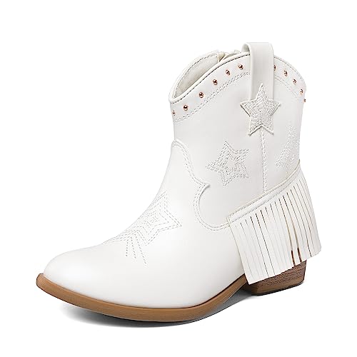 DREAM PAIRS Girls Cowgirl Cowboy Ankle Western Boots Side Zipper Riding Shoes with Tassel Sdbo2302K White Size 9 Toddler