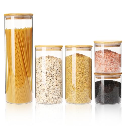 RYTADAY Glass Food Storage Containers with Bamboo Lids [Muti Size Set of 5], Glass Canisters with Airtight Lids for Kitchen and Pantry storage,Glass Jar for Pasta,Coffee Beans，Flour，Sugar