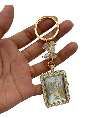 RBN 12 Dove Cross Gold Party Favor Keychain Charm Keyring, Rhinestone Bling Communion Girls Boys Baptism Recuerditos