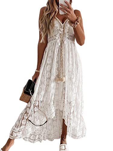 CUPSHE Womens Summer Slip Boho Maxi Dress Lace Up Tassel V-Neck Flare Ruffle Beach Dresses White Medium
