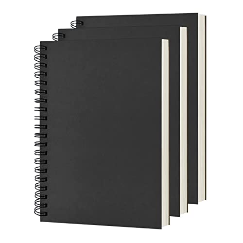 DSTELIN Blank Spiral Notebook, 3-Pack, Soft Cover, Sketch Book, 100 Pages / 50 Sheets, 7.5 inch x 5.1 inch, 100GSM, (Black)