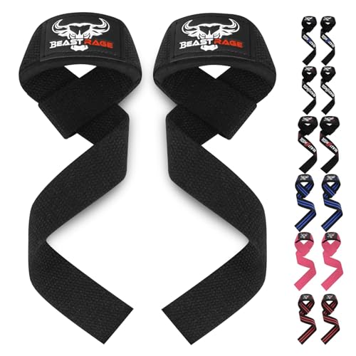 BEAST RAGE Lifting Straps for Weightlifting, Weight Lifting Straps Gym Power Workouts Lifting Wrist Straps Padded Cotton Men Women Support Lifters Deadlift Straps Hard Pull Exercise Straps (Black)