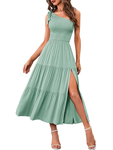 MEROKEETY Women's Summer Bohemian One Shoulder Sleeveless Split Flowy Pleated Midi Dress,Sage,XL