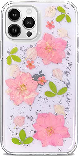 Abbery for iPhone 12 Pro Max Case Clear with Pink Flower Cute Design Soft TPU Real Dried Pressed Daisy Floral Aesthetic Women Girl's Phone Covr (Pink Flower)