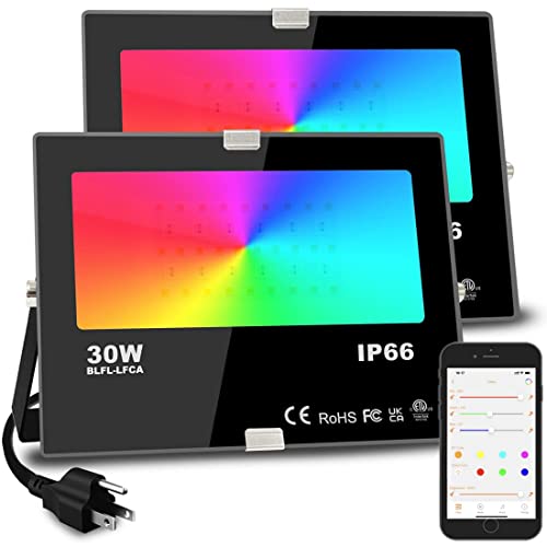 Led Flood Light 300W Equivalent 3000 LM, Outdoor Color Changing Led Stage Landscape Lights, Bluetooth RGBW Smart Floodlights 2700K & 16 Million Colors&Timing& Music Sync, IP66，US 3-Plug (2 Pack)