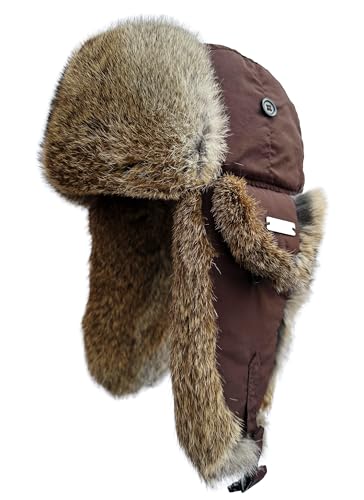 Winter Trapper Hat for Men Women 100% Real Rabbit Fur Russian Fur Winter Ushanka Hat Men Aviator Hat Mens Trapper Hat with Ear Flaps Brown