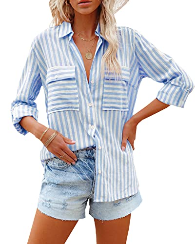 OMSJ Women's Striped Button Down Shirts Casual Long Sleeve Stylish V Neck Blouses Tops with Pockets (M, Blue)