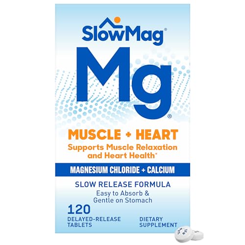 SlowMag Muscle + Heart Magnesium Chloride with Calcium Supplement to Support Muscle Relaxation, Occasional Muscle Cramping & Heart Health, High Absorption, 120 Count