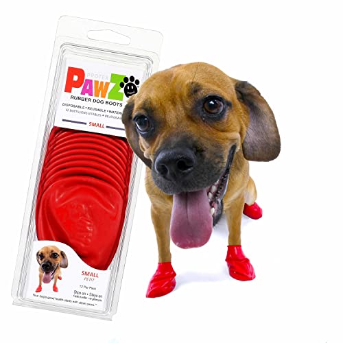 PawZ Rubber Dog Boots for Paws to 2 1/2' - All-Weather Dog Booties for Hot Pavement, Sand, Snow, Mud, and Rain - Anti Slip Dog Socks - S, Red