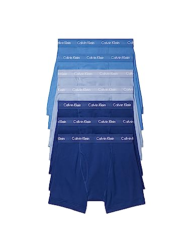 Calvin Klein Men's Cotton Classics 7-Pack Boxer Brief, 3 Blue Depths, 2 Boardwalk Blue, 2 Water Reflection, L