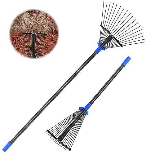 Garden Leaf Rake with Expandable Head from 9.5 inch to 17 inch, Collapsible Lawn Rake with Adjustable 53 Inch Splicing Handle, Heavy Duty Metal Rake for Lawn Yard, Flowers Beds and Roof