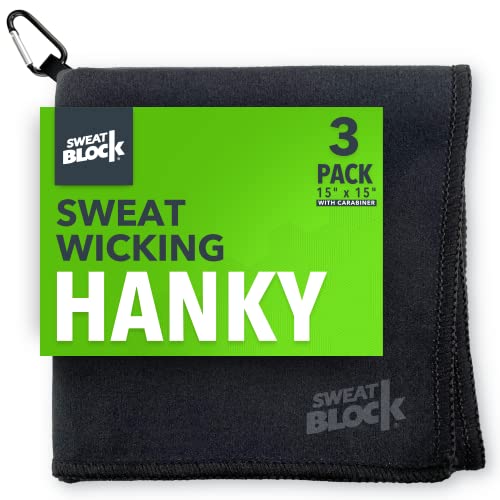 SweatBlock Microfiber Sweat Absorbing Handkerchief - Sport, Gym, Daily Use - for Hands, Face, Body - Machine Washable, Reusable - Men & Women - 15x15 (3 Pack, Black)
