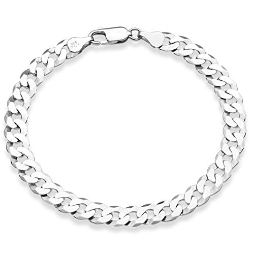 Miabella 925 Sterling Silver Italian 7mm Solid Diamond-Cut Cuban Link Curb Chain Bracelet for Men Women, Made in Italy (8 Inches)