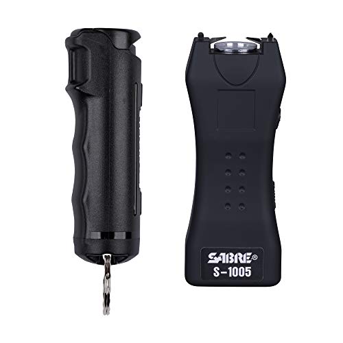 SABRE Pepper Spray & 2-in-1 Stun Gun with Flashlight, Self Defense Kit, Fast Flip Top Safety, Finger Grip for Better & Faster Aim, Painful 1.60 µC Charge, 120 Lumen LED Light, Rechargeable, 0.54 fl oz