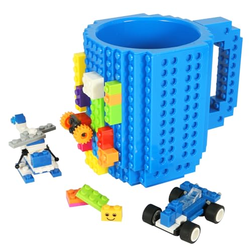 Lumsburry Build-on Brick Coffee Mug, Funny DIY Novelty Cup with Building Blocks Creative for Kids Men Women Xmas Birthday (Blue)