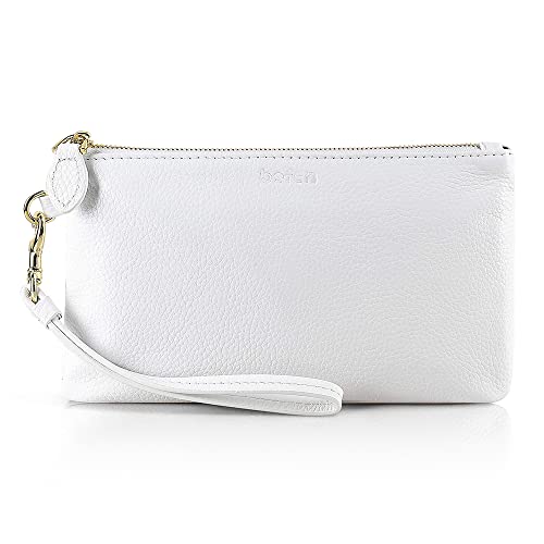 befen Genuine Leather White Wristlet Clutch Cell Phone Wallet Purse for Women, Smartphone Wristlet Bag Purses and Handbags - Fit iPhone 14 Pro Max