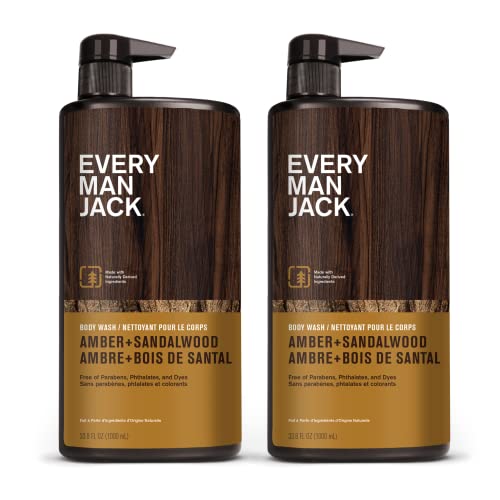 Every Man Jack Amber + Sandalwood Mens Body Wash for All Skin Types - Cleanse, Hydrate, and Smell Great - Free of Parabens, Phtalates, and Dyes - 33.8 fl oz (2 Pack)