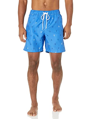 Amazon Essentials Men's 7' Quick-Dry Swim Trunk, Blue Anchor Print, Medium
