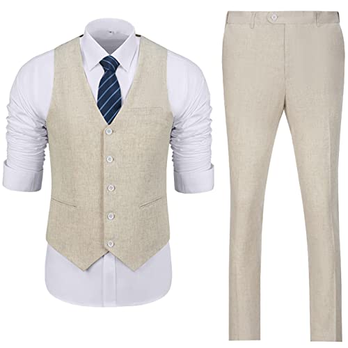 Mens Suits Set for Wedding Slim Fit Mens Linen Casual Suit 2 Pieces Vest and Pants Prom Beige Linen Suit M