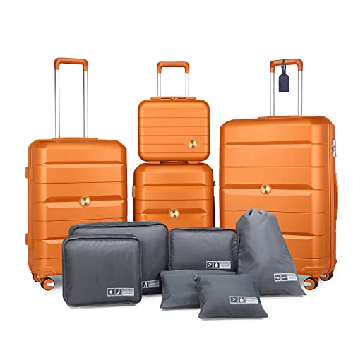 Somago Luggage Sets 3 Piece Spinner Hardside PP Suitcase with TSA Lock 4 Piece Set with 6 Set Packing Cubes for Travel (Sunset Orange)