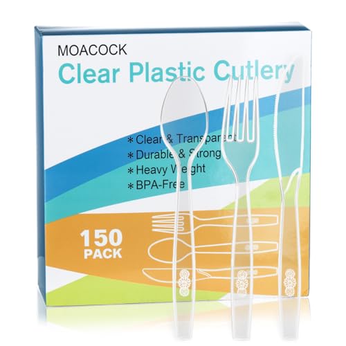 MOACOCK 150 Pcs Clear Plastic Silverware, Heavy Weight Plastic Forks Spoons Knives Disposable Utensils Cutlery Set for Wedding Party Supplies Everyday Use