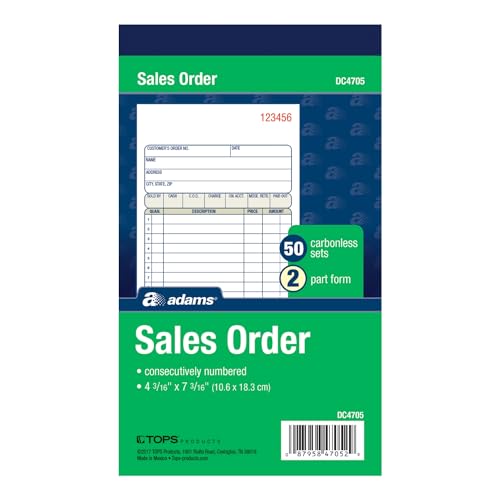 Adams Sales Order Book, 2-Part, Carbonless, White/Canary, 4-3/16 x 7-3/16 Inches, 50 Sets per Book (DC4705)