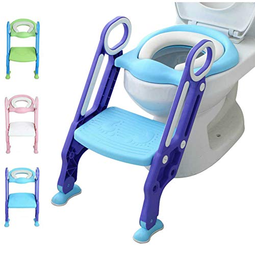 Potty Training Toilet Seat with Step Stool Ladder for Kids Children Baby Toddler Toilet Training Seat Chair with Soft Cushion Sturdy and Non-Slip Wide Steps for Girls and Boys (Blue Purple)