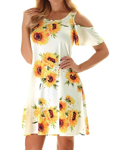 Misyula Sun Dresses for Women Casual, Female Shift Dress Pleating Retro Tropical Novel Relaxed Fit O Neck Long Midi Length Short Sleeves Flared Knitted Club Wear Yellow White Flower XXL