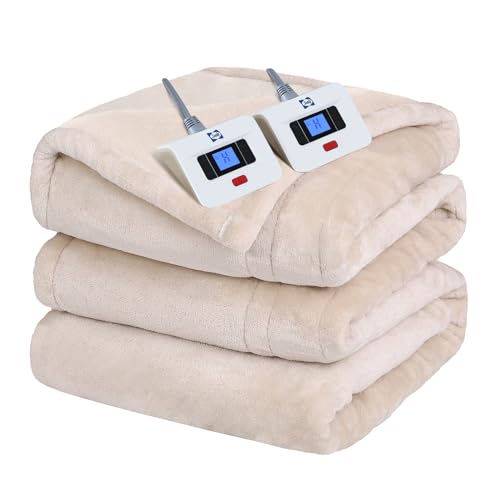 SEALY Electric Blanket King Size, Flannel Heated Blanket with 10 Heating Levels & 1-12 Hours Auto Shut Off, Fast Heating Warm Blanket, Machine Washable, Beige, 100 x 90 Inch