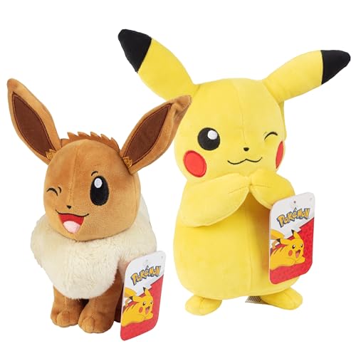 Pokemon 8' Eevee & Pikachu Plush, 2-Pack - Let's Go Starters - Officially Licensed - Quality Soft Collectible Stuffed Animal Toy - Great Gift for Kids, Boys, Girls