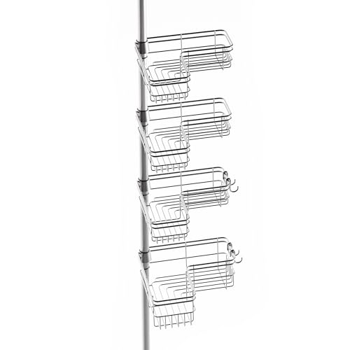 Zenna Home Rust-Resistant Corner Shower Caddy for Bathroom, 4 Adjustable Corner Hugging L-shaped Shelves, with Tension Pole, for Bath and Shower Storage, 60-97 Inch, Satin Nickel