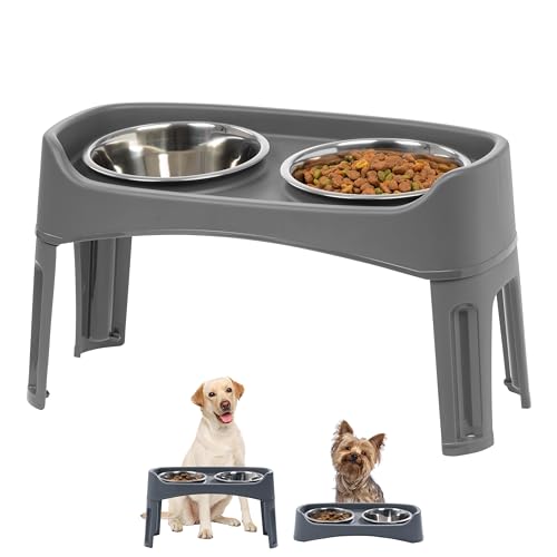 IRIS USA Elevated Dog Bowls, Adjustable Height, 2 Thick 64oz Stainless Steel Bowls, Spill-Proof with Raised Outer Rim, Durable Made in USA Plastic, Easy Assemble, 2 Heights 4.63' or 12.25' Dark Gray