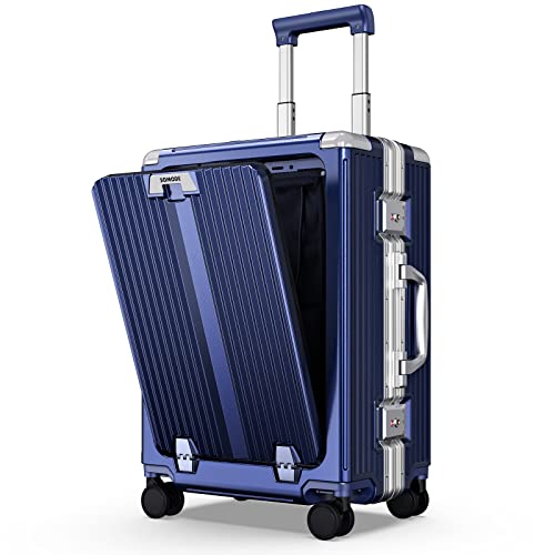 SOMODE Airline Approved Carry On Luggage with Spinner Wheels,Aluminum Framed Carry On Suitcase with Front Open Laptop Compartment/Pocket 22×14×9 inch Large Checked-in Luggage (Blue)