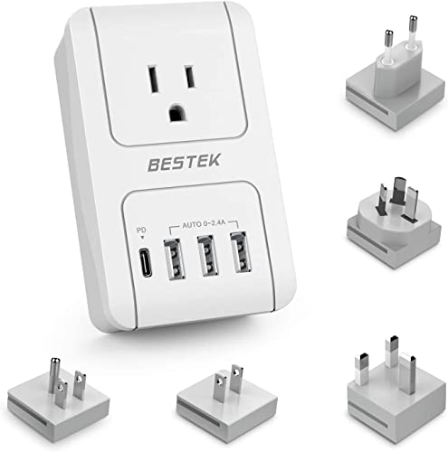 BESTEK International Travel Adapter, 3000W Converter Travel Adapter for Hair Dryer, Curling Iron USB Travel Wall Charger with Worldwide Wall Plugs for US, UK, AU, EU and Asia (PD30W,1004, White)
