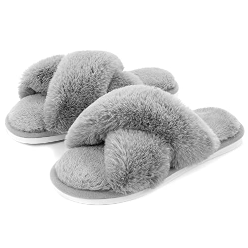 Metog Women's Fuzzy Slippers House Slippers Cross Band Slippers Indoor Outdoor Soft Plush on Open Toe Slippers