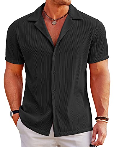 COOFANDY Mens Shirt Casual Button Down Regular Fit Fashion Camp Beach Tops, Black, Large, Short Sleeve