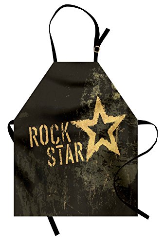 Lunarable Star Apron, Rock Lettering Dark Grunge Backdrop Concert Music Themed Party Themed Art Print, Unisex Kitchen Bib with Adjustable Neck for Cooking Gardening, Adult Size, Mustard Brown