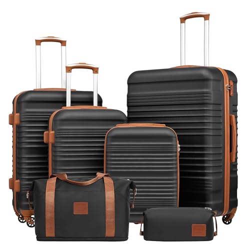 Coolife Luggage Set 3 Piece Luggage Set Carry On Suitcase Hardside Luggage with TSA Lock Spinner Wheels(Black, 6 piece set)