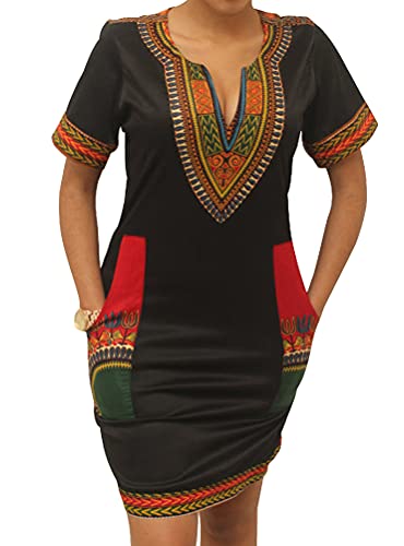 Womens Bohemian African Dashiki Skirts Traditional Tribal Festival Midi Dresses Black/Red