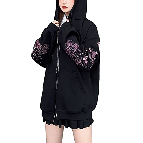 YHLZBNH Women Full Zip Up Hooded Cardigan Goth/Cute Style Pattern Loose Long Sleeve Hoodies Casual Coat (Black Pink-Pattern, XL)