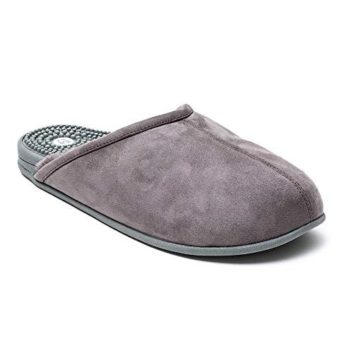 Revs Premium Slippers for Men in Grey, with Faux Fur Lining & Reflexology Massage Footbed Shock Absorbing Outdoor Sole, with Cushion Comfort and Supportive Arch.