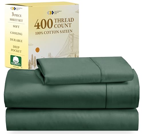 California Design Den Softest 100% Cotton Sheets, Twin Sheets Set, 3 Pc, 400 Thread Count Sateen, Dorm Rooms & Adults, Deep Pocket Cooling Sheets, Twin Bed Sheets (Hunter Green)