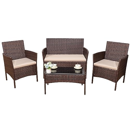 Devoko 4 Pieces Outdoor Patio Furniture Set, PE Rattan Wicker Chairs Balcony Lawn Porch Patio Furniture Sets with Beige Cushion and Table (Brown)