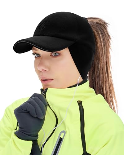 Gisdanchz Winter Running Gear for Women, Cold Weather Running Hat with Ponytail Hole Winter Ponytail Hat with Ear Flaps for Women Ladies Reflective Running Accessories Baseball Hat, Black S/M