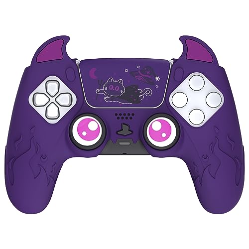 PlayVital Cute Demon Controller Silicone Case for ps5, Kawaii Controller Cover Gamepad Skin Protector for ps5 with Touch Pad Sticker & Thumb Grip Caps - Purple