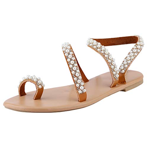 Shengsospp Women's Flats Sandals With Pearl Roman Fashion Comfortable T-Strap Casual Flat Sandals Fashion Open Toe Thong Sandal Brown, 7.5