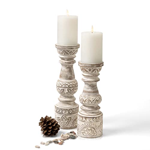 Kurrajong Farmhouse Candle Holders - Boho Set of 2 Tall Candle Stands | Decorative Wood Candle Holders | 10' and 12' high | White Washed Candle Holders for Pillar Candles